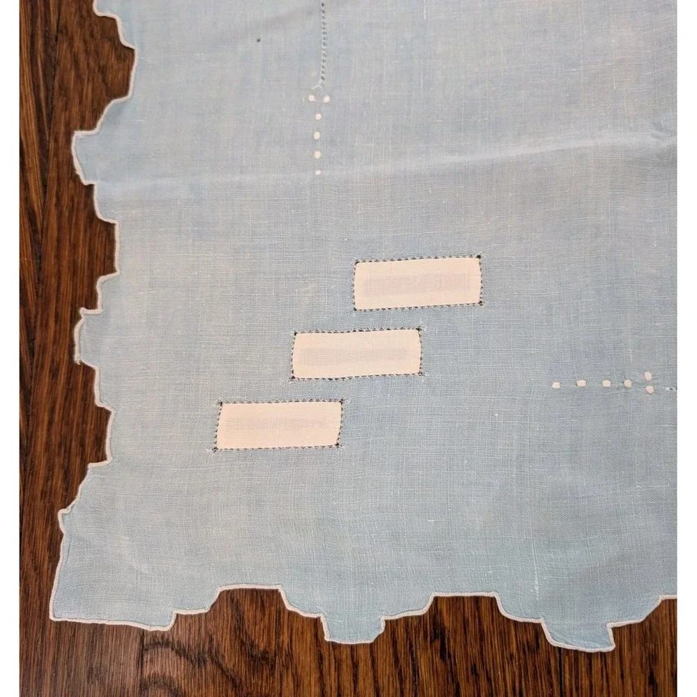 Vtg MCM Small Light Blue White Accent Tablecloth Linen Square 35x35